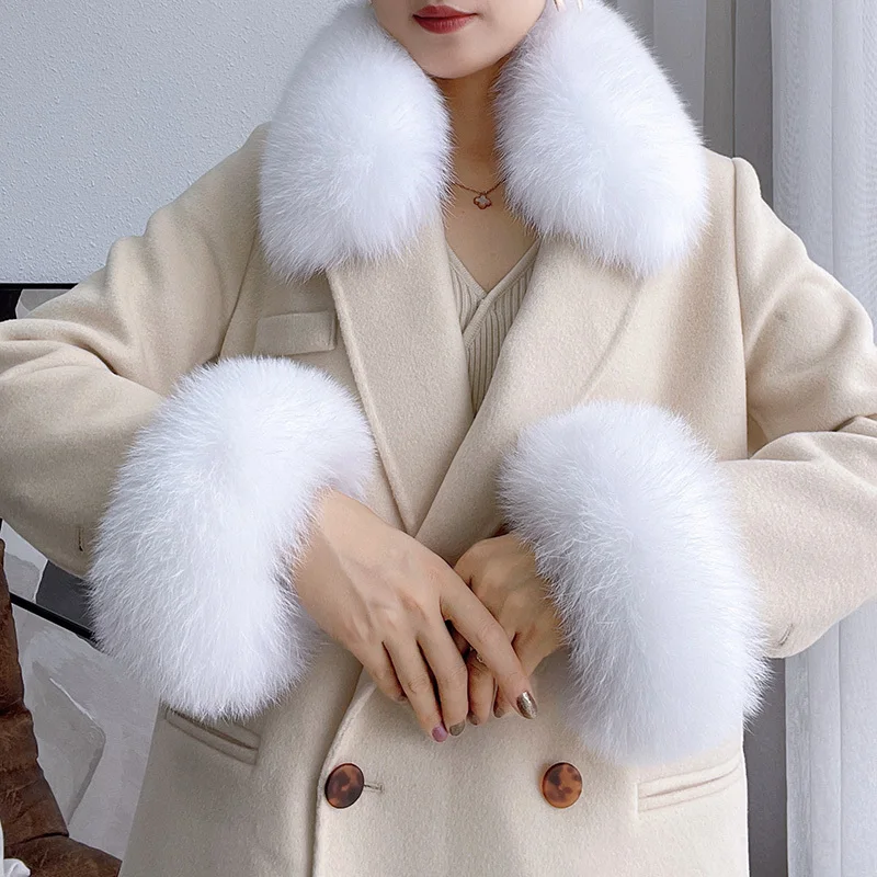 Natural Fox Fur Collar Real Fur Cuffs Set Winter Neck Warmer Fur Scarf Women Square Collar Cuff One Set Collocation Coat