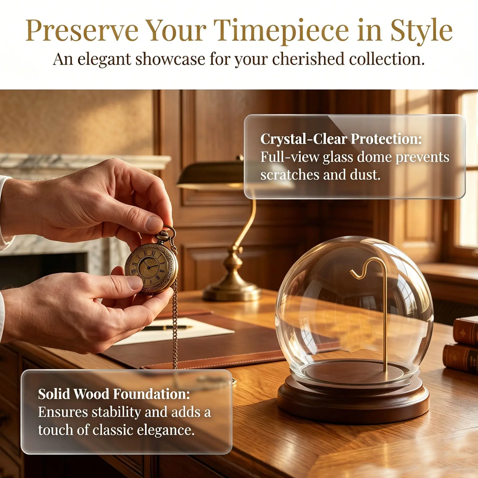 Pocket Watch Display Dome Clear Glass Cloche Wooden Stand Hanging Hooks Vertical Display Case Dust Protection for Pocket Watches view 2