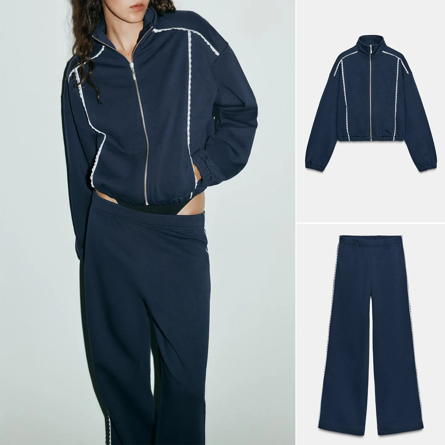 

Loose Fit Hoodie with Stand Collar Long Sves And Color Blo Lace Decoration High Waist Wide Leg Velvet Trousers Set