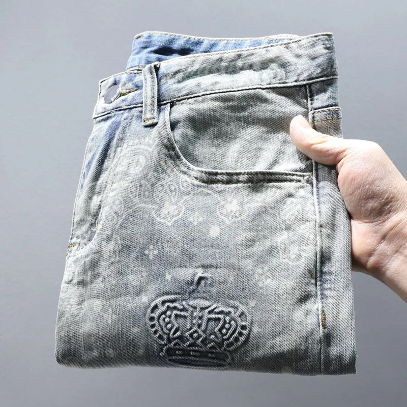 

2024 New Fashion Light Luxury Men's Jeans with 3D Print Versatile Trendy Slim Fit Casual Skinny Long Pants