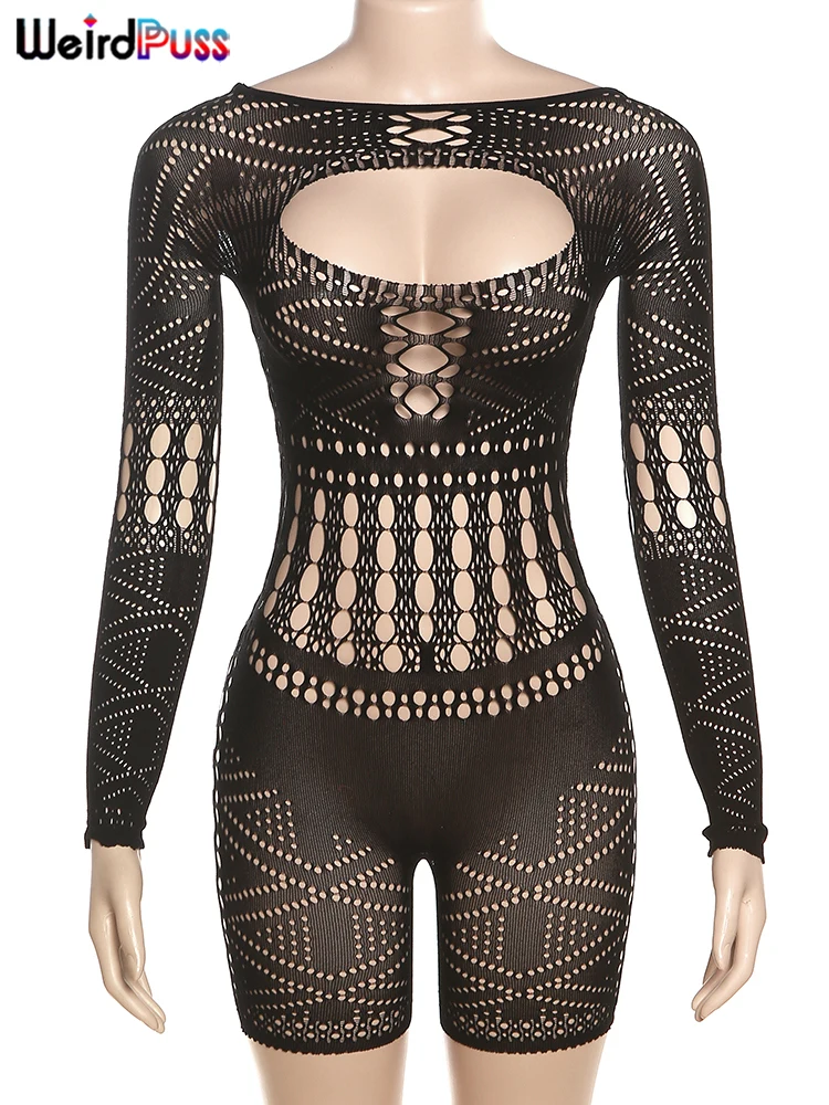 Weird Puss Hollow Sexy Romper Women 2024 Summer See Through Thin Coquette Long Sleeve Playsuits O-Neck Stretch Party Clubwear