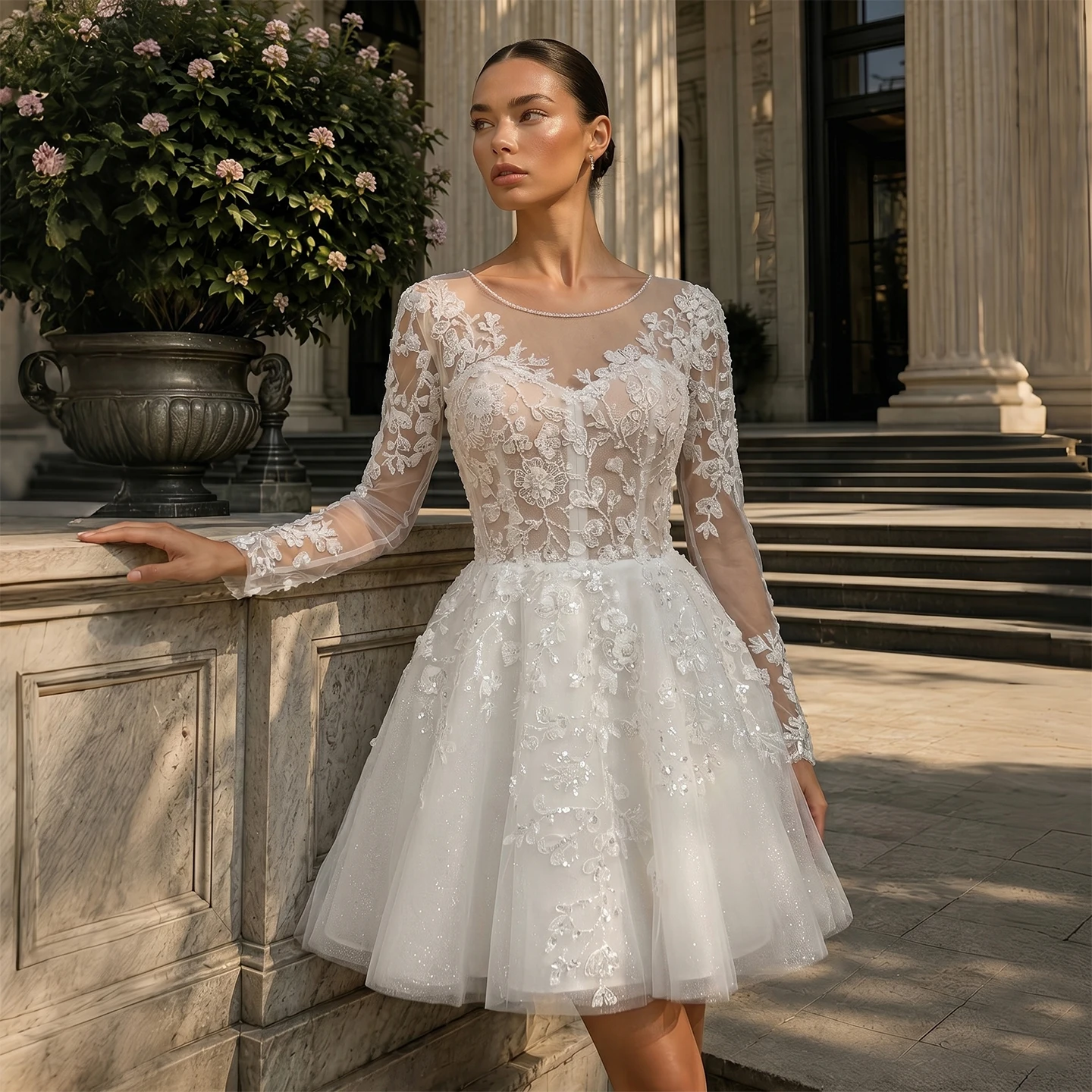 Sheer Fairy 2026 Women' s Elegant Wedding Dress with Button Back Sheer Long Sleeve Lace Mini Floral Bridal Gown SW721 Customized