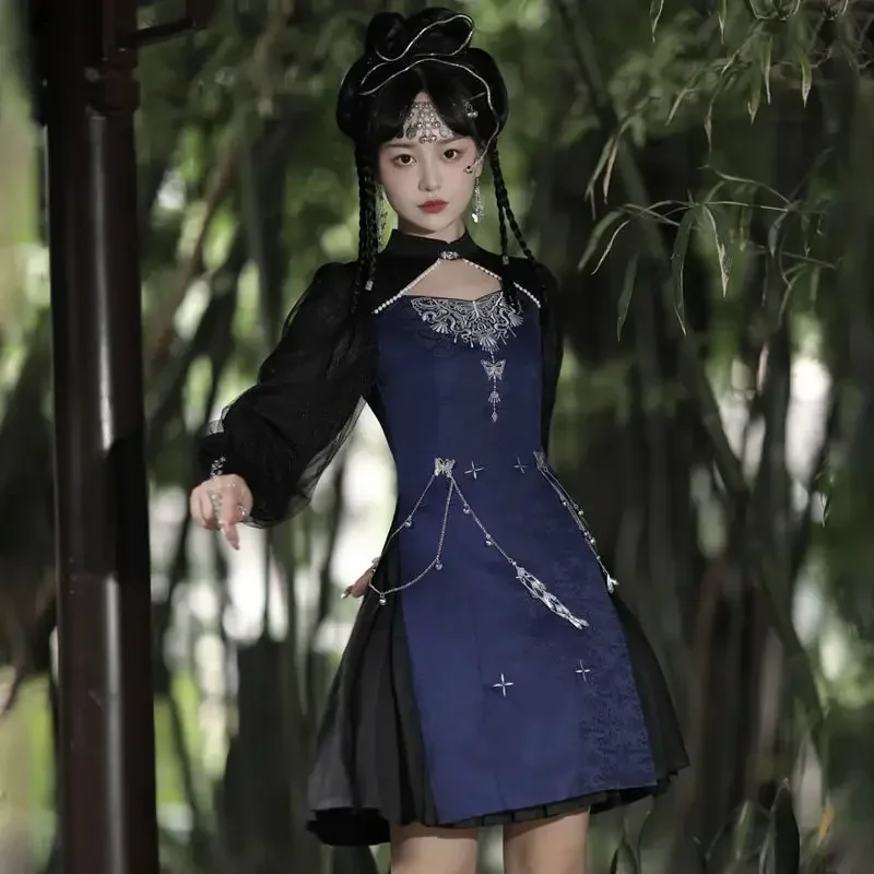 

Original Vintage Halloween Cosplay Costumes Women Improved Ethnic Style Blue Hollow Chain Decoration Long Sleeve Lolita Dresses