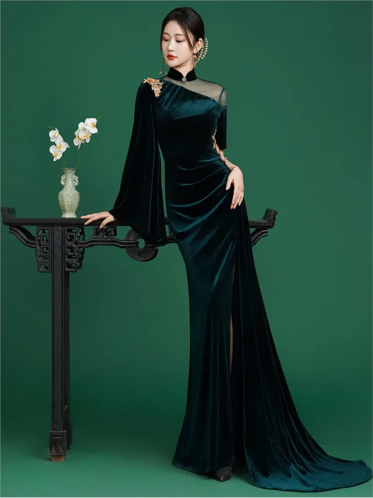 

Dark green velvet cheongsam women's fashion show grand performance dress long Chinese-style formal