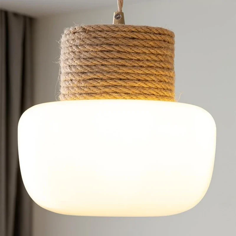 Wabi Sabi kremowy styl restauracja lampa wisząca lampka nocna lampa stołowa lina konopna białe szkło Luminaria Nordic Home Stay Light