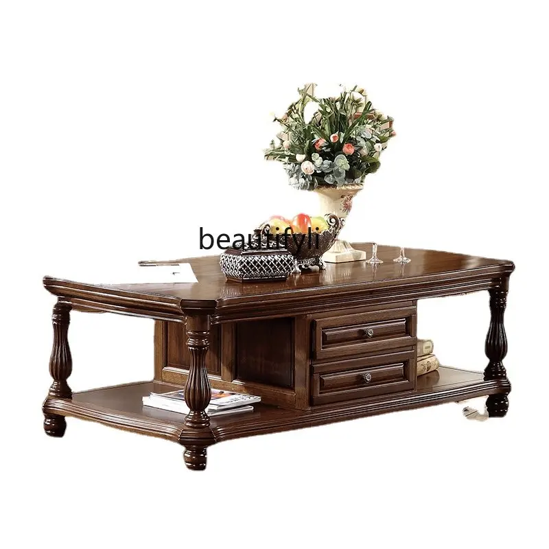 

American-Style Solid Wood Coffee Table Living Room Furniture Rectangular Black Walnut with Drawer Storage Large Tea Table