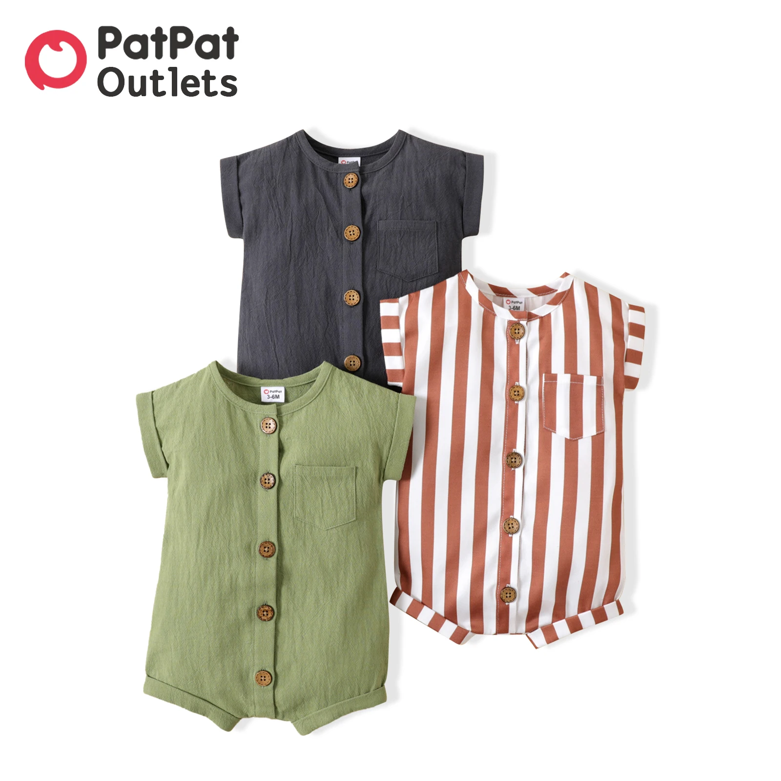 

PatPat Baby Boy Clothes 100% Cotton Solid/Striped Button Up Cap-sleeve Romper Children's Clothing Summer Bodysuit for Kids