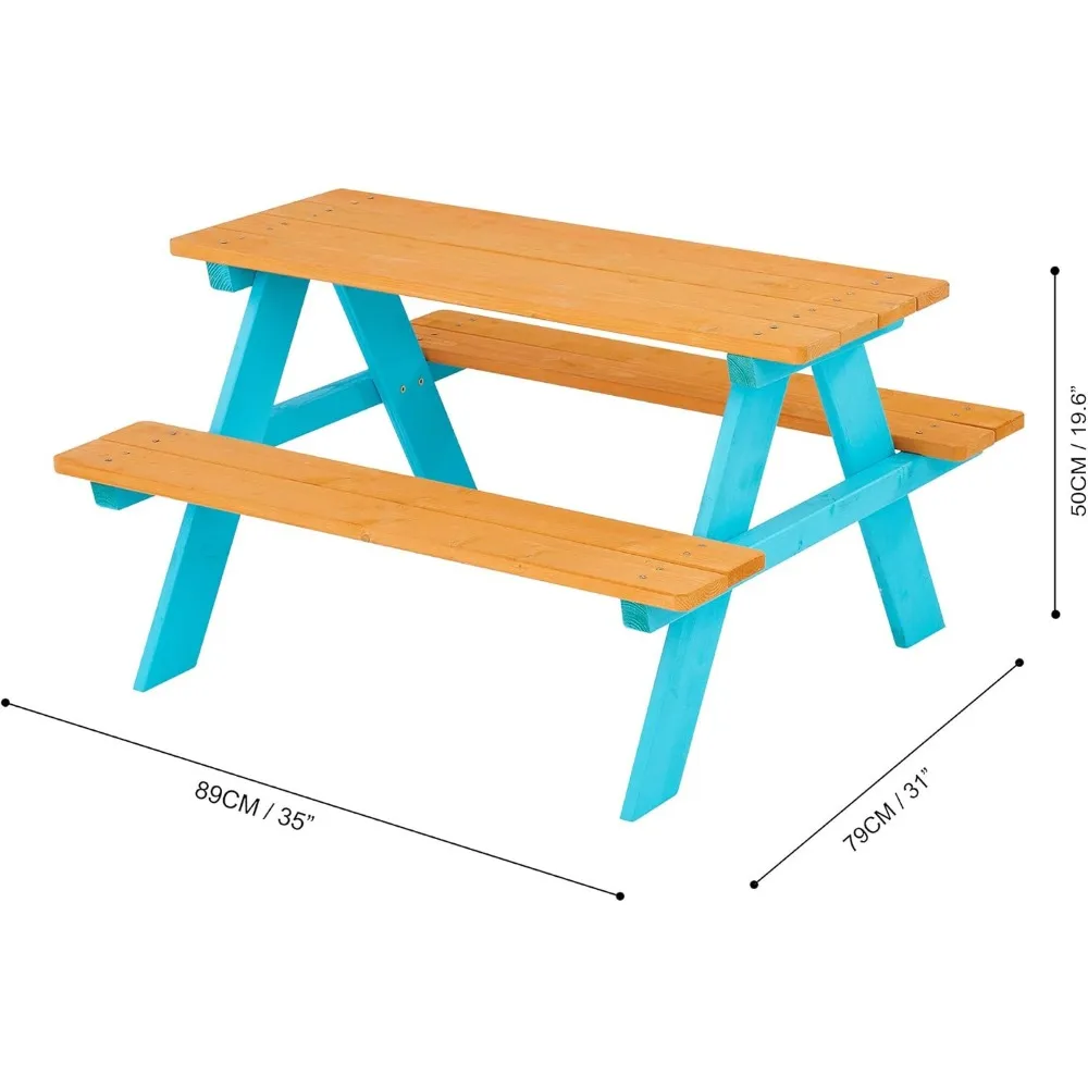 Kids Wooden Outdoor Picnic Table & Chair Bench Set with Built-in Seating, Durable & Easy Assembly