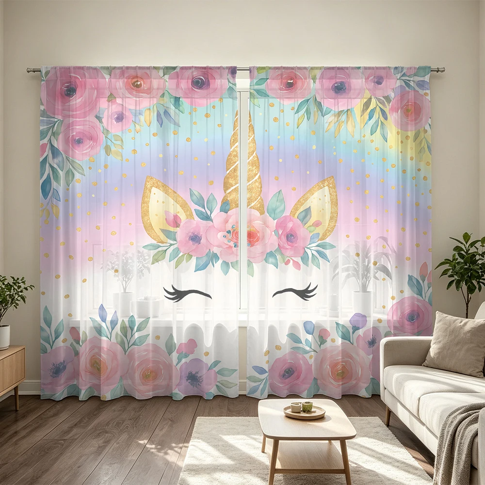 2Pcs Watercolor Floral Crown Unicorn Rod Pocket Curtains Light Blocking Privacy Window Curtains For Bedroom Living Room Fairy