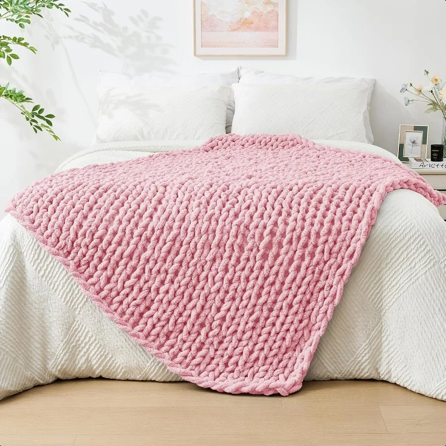 

Chunky Knit Throw Blanket for Couch 40x60 inches 100 Hand Knitted with Thick Jumbo Chenille Yarn Cozy Soft Large Rope Knot Cabl