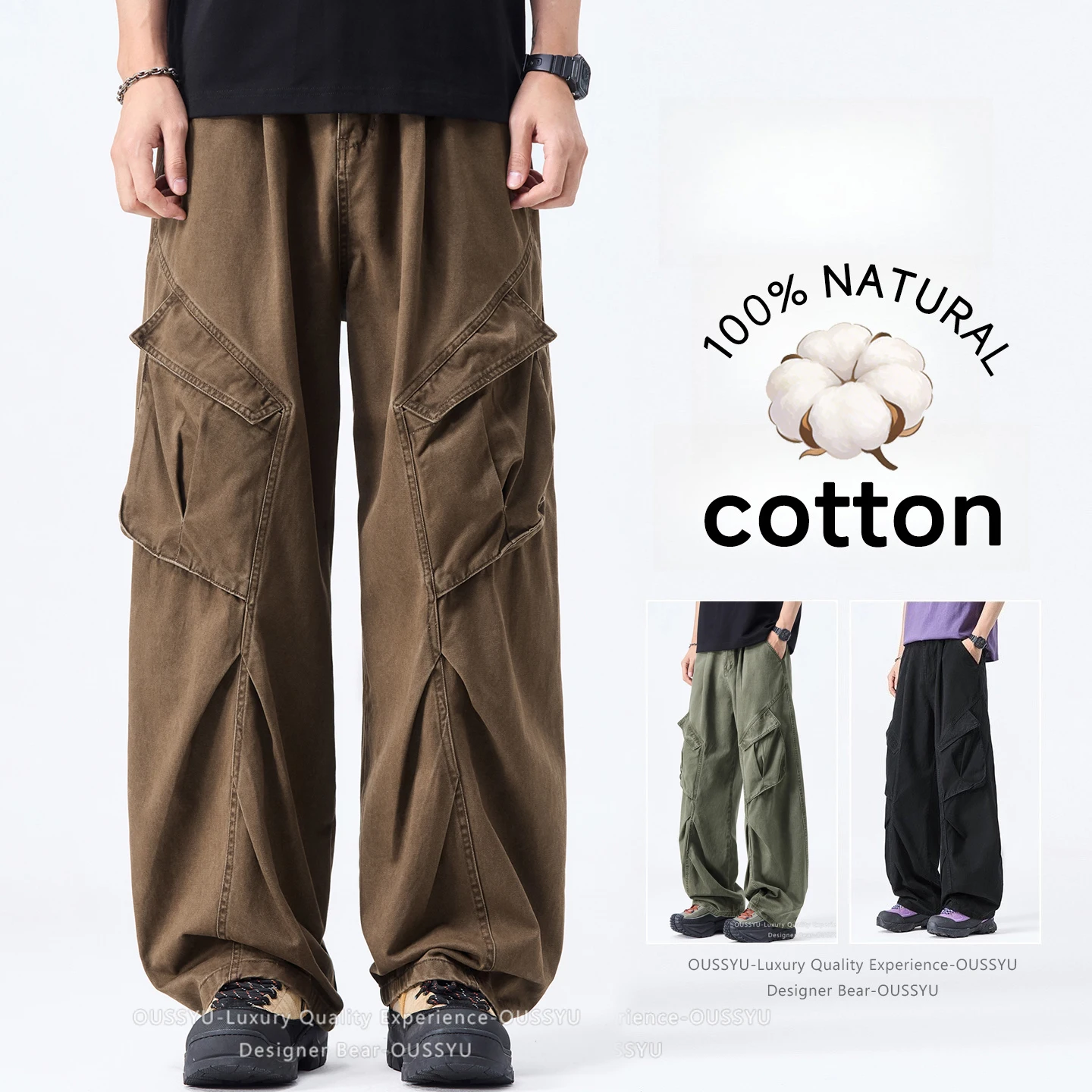 High Quality Men's American Vintage Cargo Pants 100% Cotton Baggy Wide-leg Design Sense Multi-pocket Casual Camo Trousers Man