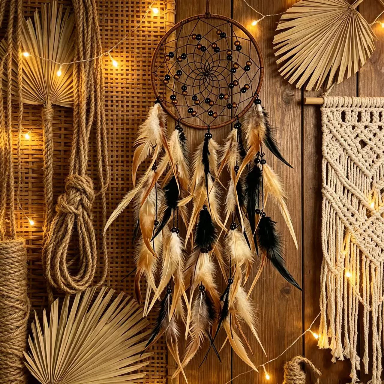 Vintage Brown Handmade Dream Catcher Feather Wind Chimes Wall Hanging Ornaments Dreamcatcher Gift Home Crafts Decor