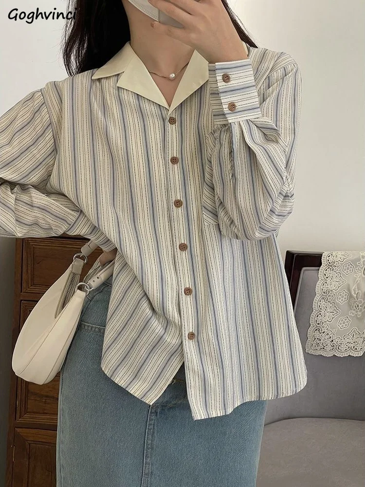 

Striped Casual Shirts Women Summer Loose Tops Side-slit All-match Design Elegant Gentle Temper Office Lady Tender Stylish New