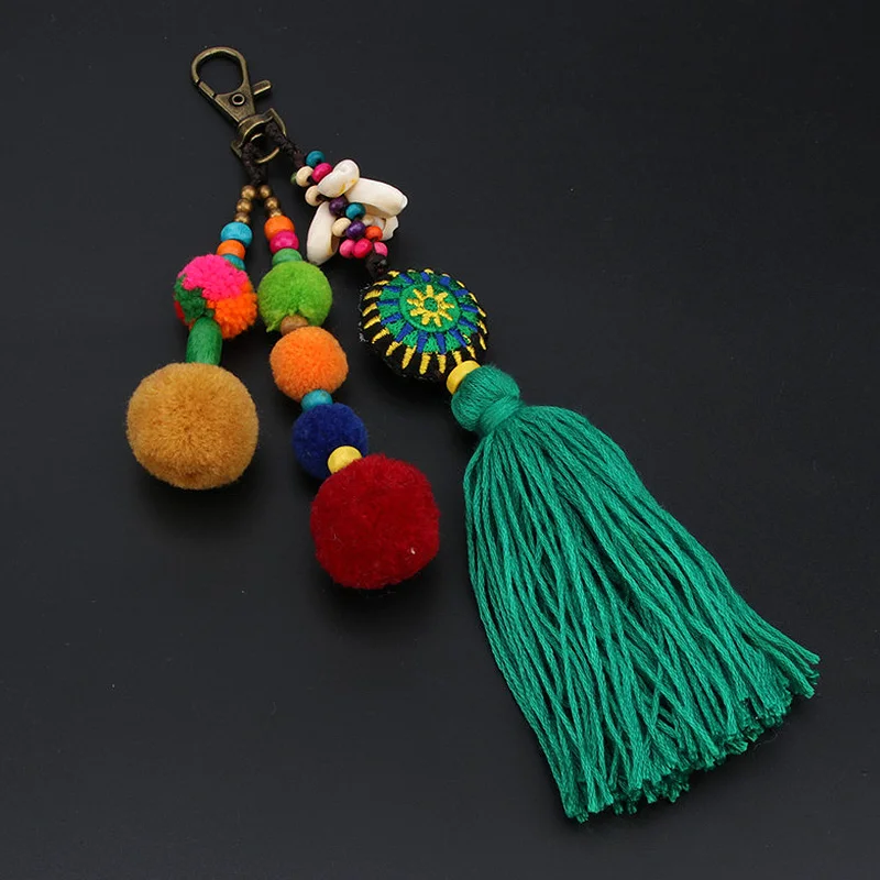 Wood Beads Key Chain Pompon Keychain Bohemian Sytle Car Bag Hanging Tassel Pendant Keychains Pompom Holder Women Jewelry