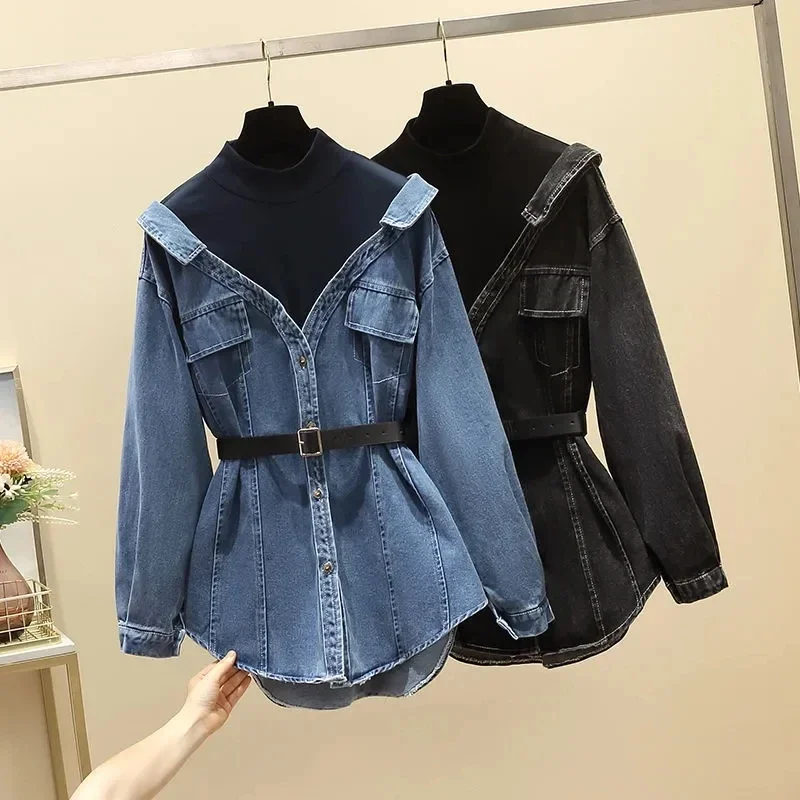 

Women's Denim Jacket 2025 Spring Autumn New Fake Two Pieces Appear Thin Ladies Temperament Long Sleeve Female Cowboy Coat
