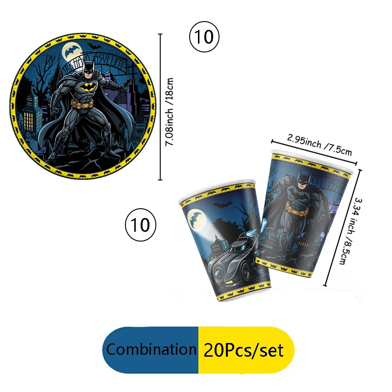 Warner Bros. Batman-Motto Pappteller, Becher, Wimpelkette, Aufkleber – Happy Birthday Party Deko Einweggeschirr-Set – Detail 5