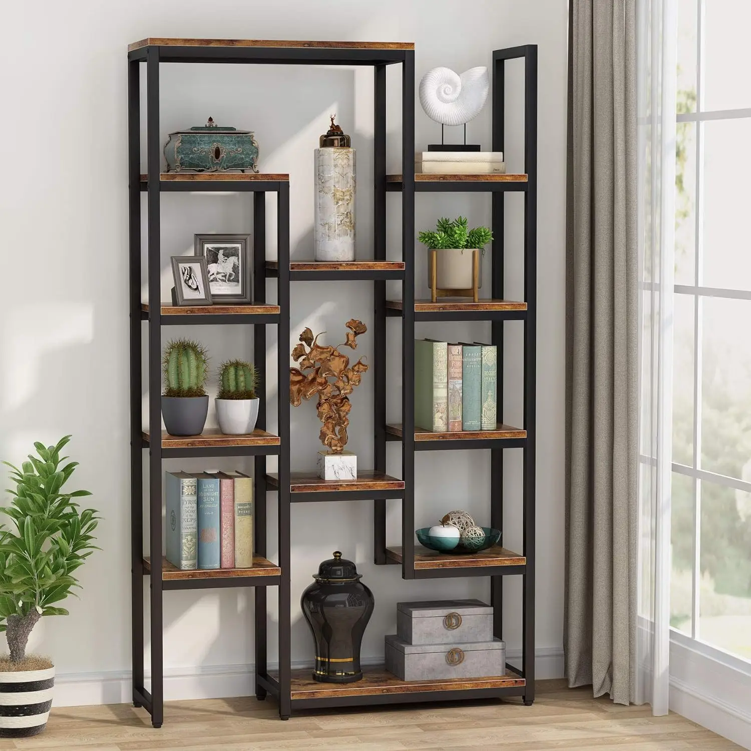 

6-Tier Bookshelf 70.9 inch Tall Bookcase, Vintage Industrial 12-Shelf Display Shelves Book Storage Organizer for Living Room