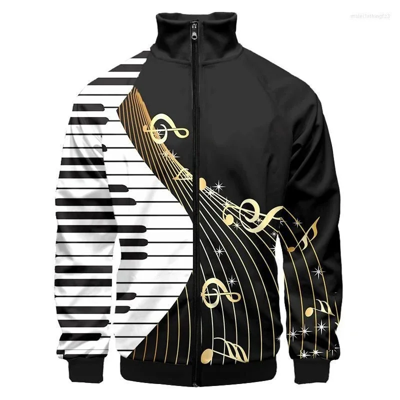 

3D Printed Funny Guitar Piano Zipper Jacket For Men Music Pattern Long Sleeves Casual Fashion Lapel Street Coat Tops Jackets