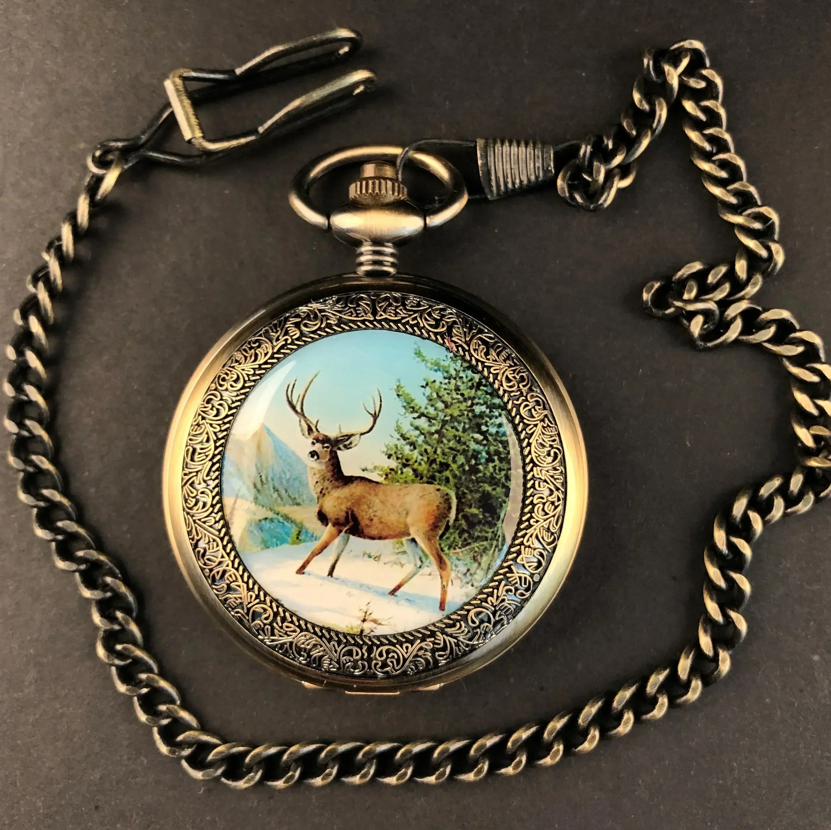 Printed Elk Design Multifunctional Mechanical Pocket Watch For Men Women Fashion Elegant Necklace Pendant Clock