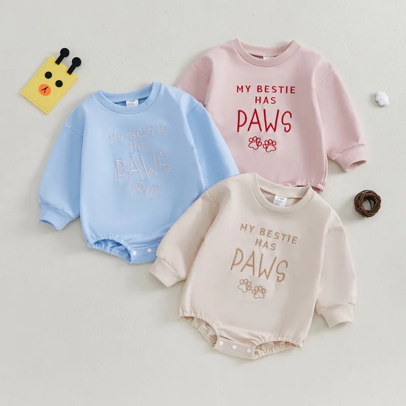 0 to 18 Months Baby Boy Girl Bodysuit Spring Autumn Clothes Paw Letter Embroidery Crew Neck Long Sleeve Jumpsuit