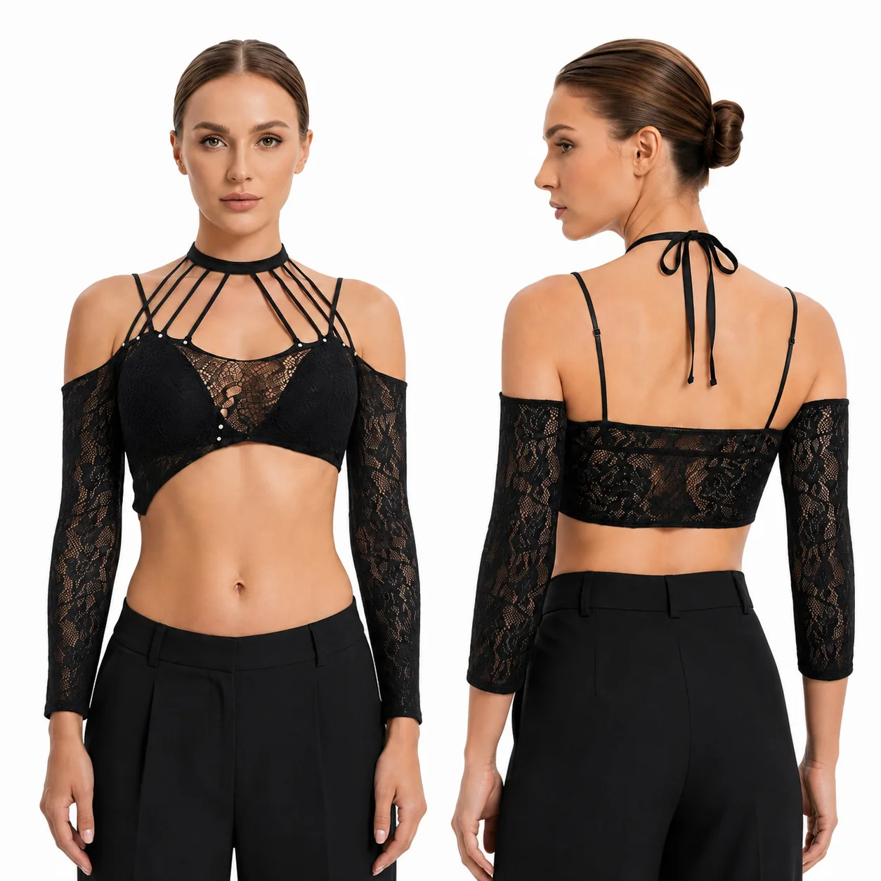 Black See-through Halter High-elastic Mesh Sexy Hot Girl Street Style Daily Hollow Lace Off-shoulder Top Womens Tops JDOA