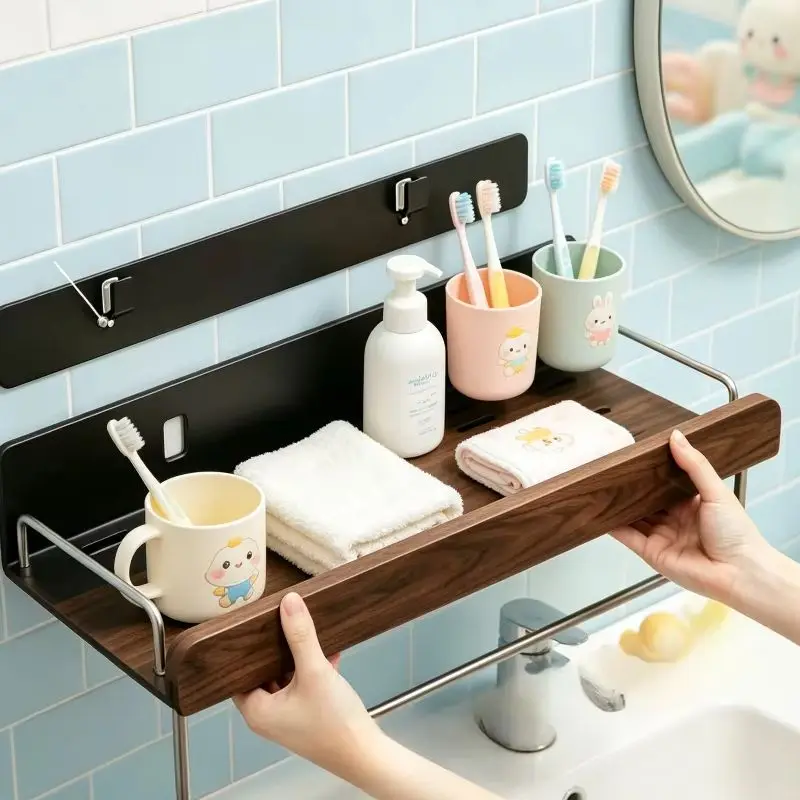 Punch-Free Removable Walnut Wood Wall Mounted Bathroom Storage Shelf, Multifunctional Upgraded Shower Organizer Rack