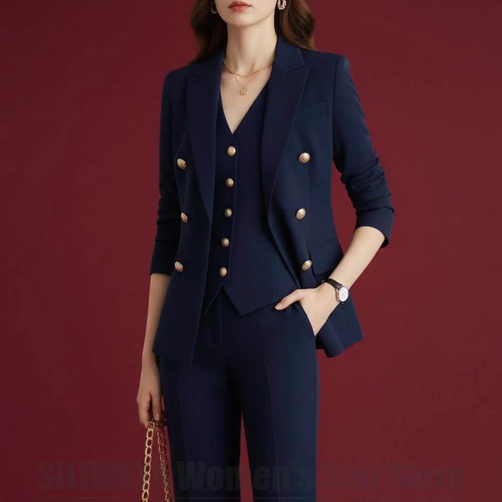 

Women's Navy Blue 3 Piece Suit Double Breasted Peaked Lapel Blazer Vest Pants Formal Office Wedding Party Prom Lady Suits