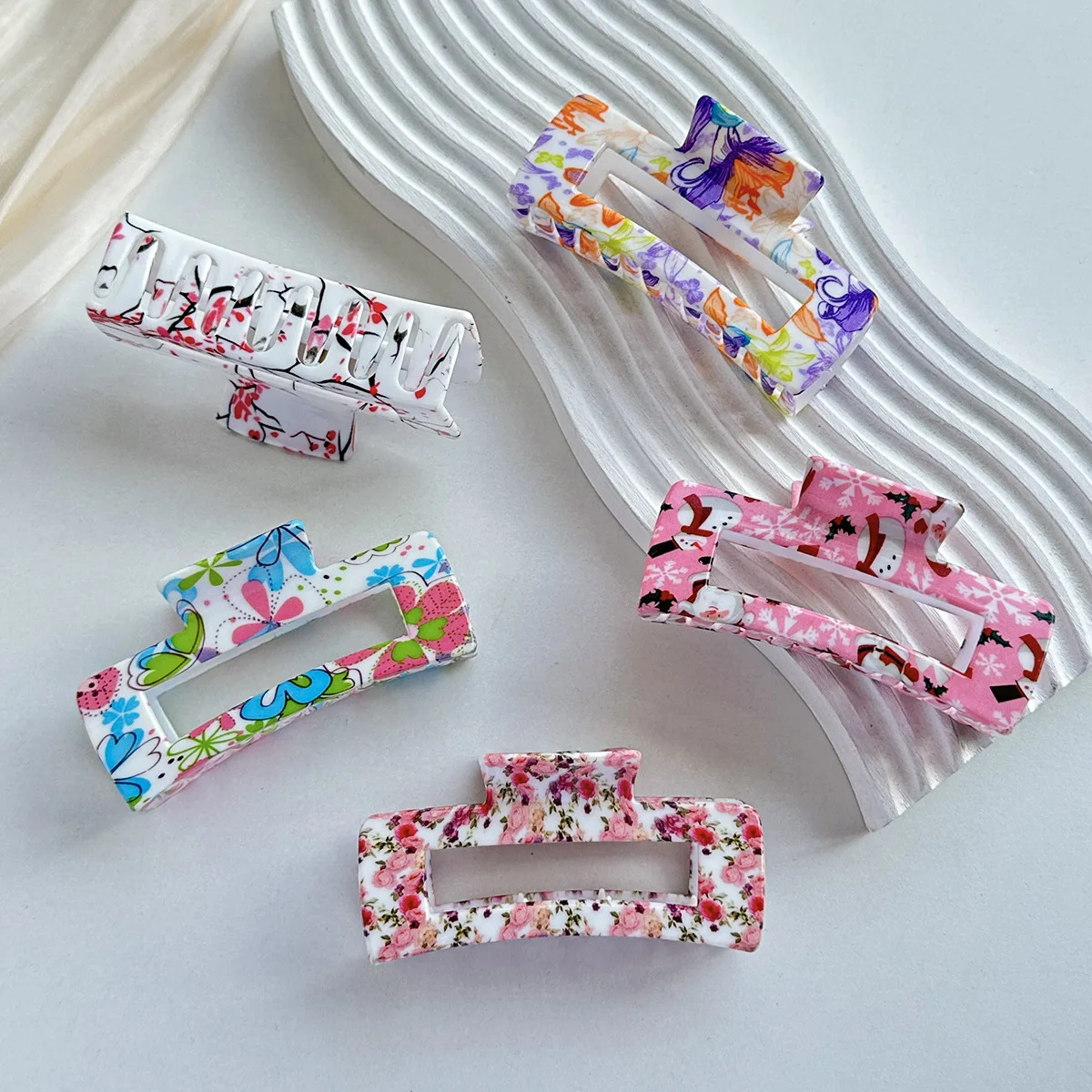 용수철 여름 꽃 사각 클립, 컬러 인쇄, 여성용 머리핀, 상어 클립, 헤어 액세서리, 신제품