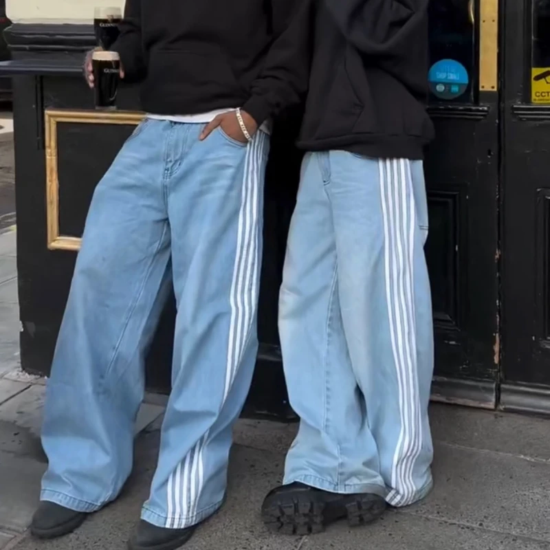 

European American autumn winter retro men and women same style jeans striped straight legs loose sports pants hip-hop streetwear