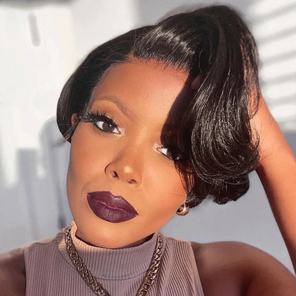 

HD Кружевной бесклеевой парик с стрижкой пикси 13x4 Кружевной передний боб 100% бразильские человеческие волосы 6 дюймов 150% Плотность Естественный вид с детскими волосами F