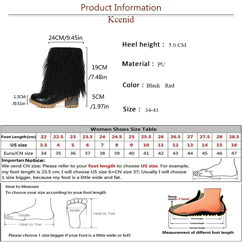 Kcenid New Women Winter Fluffy Boots Fashion Square Heel Round Toe Motorcycle Ankle Boots Women Party Shoes Big Size 34-43