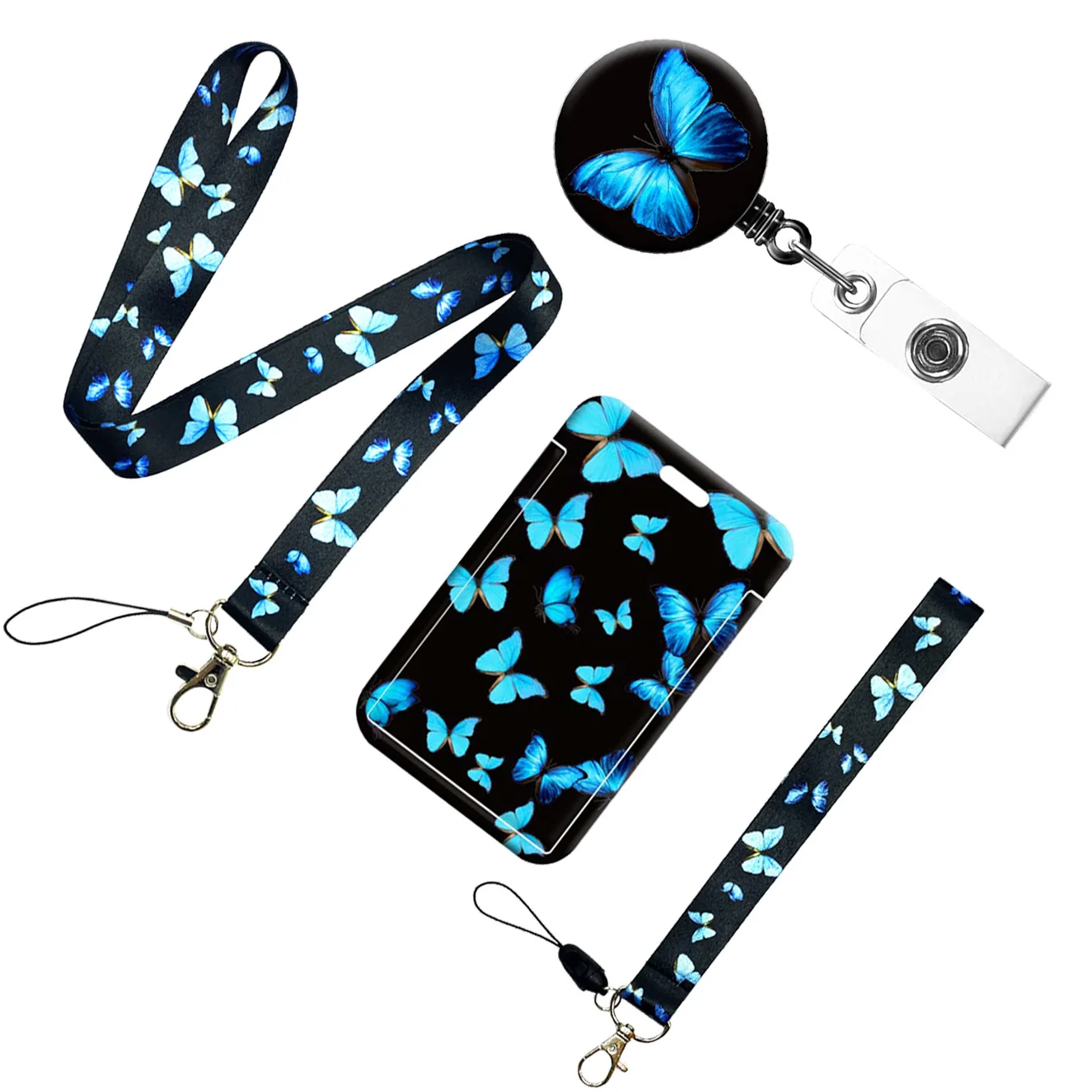 Blue Butterfly ID Card Holder Lanyard Push-pull  Easy-to-pull Buckle ID Card Holder Lanyard School Office Supplies Card Holder