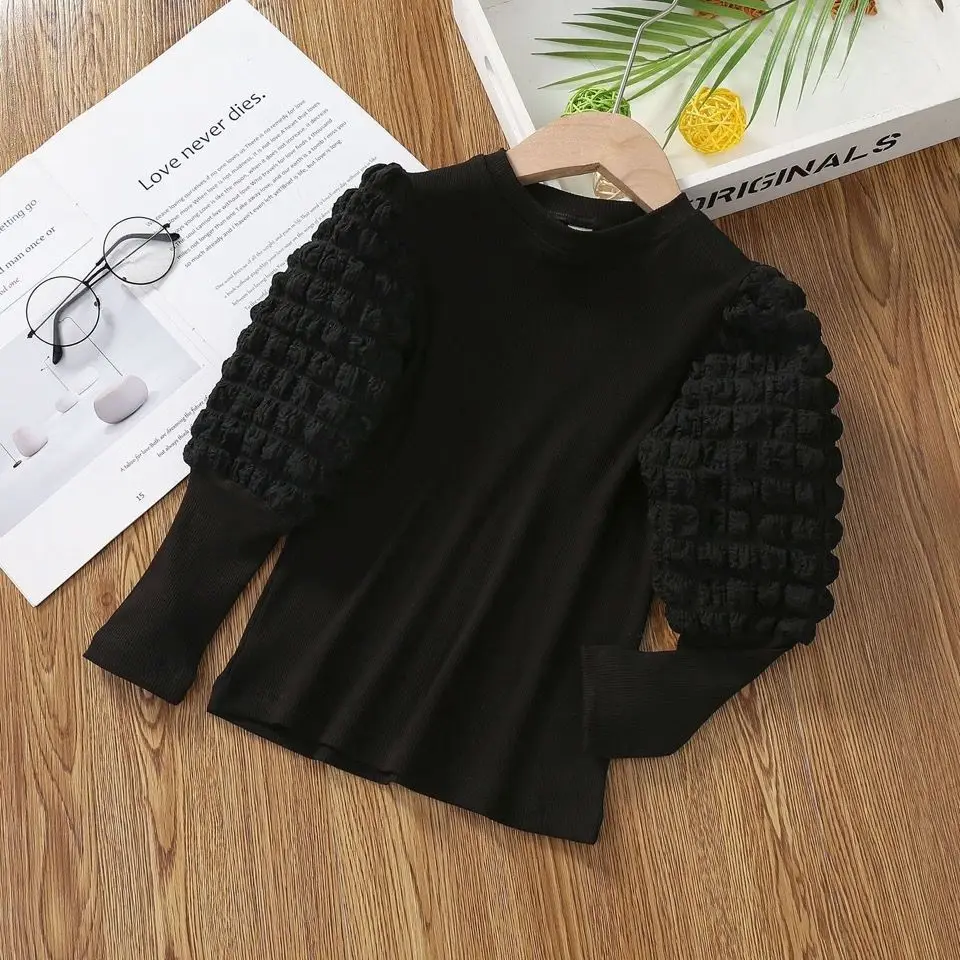 تي شيرت بناتي موضة خريف 2025 بأكمام منتفخة تي شيرت للأطفال غير رسمي بلونين من 1 إلى 8 سنوات #5