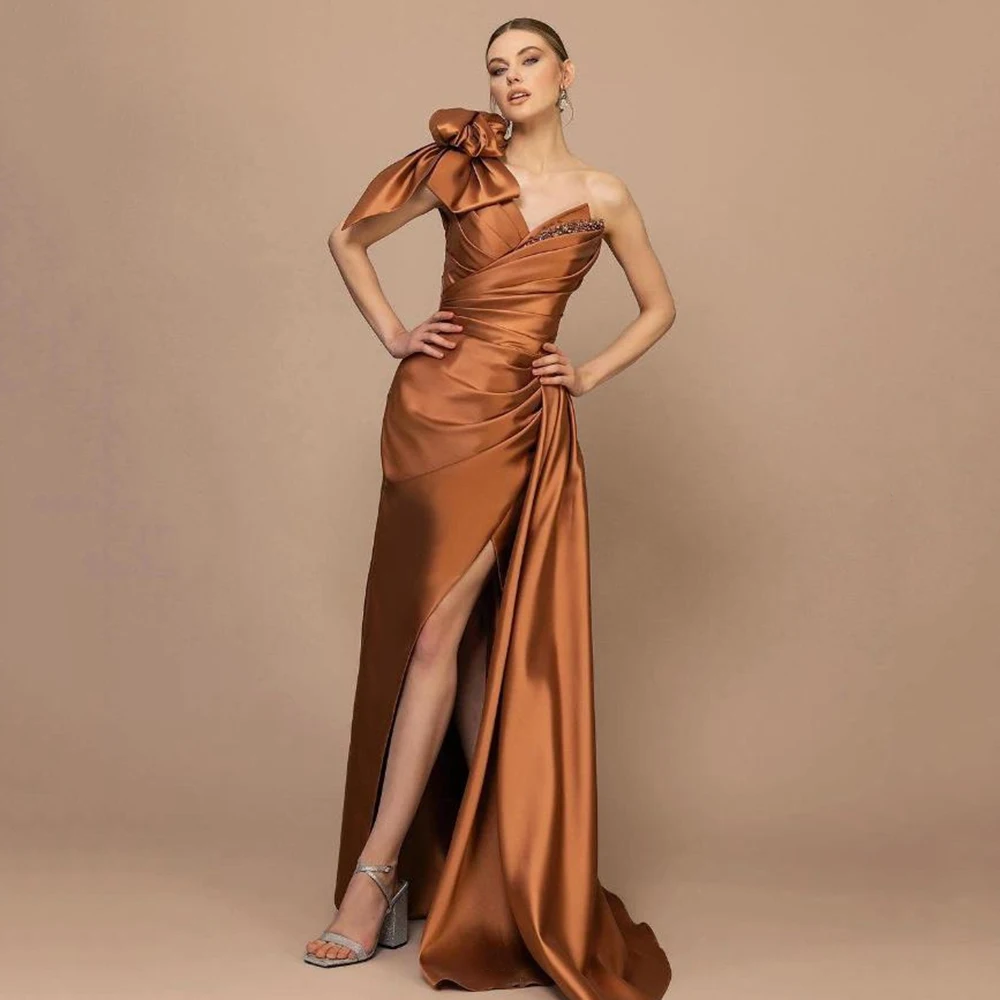 Customized Simple Satin Sequined Bow Ruched A-line One-shoulder Long Dresses Homecoming Dresses Retro Fashion Elegant Exquisite