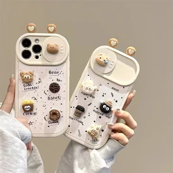 Coffee Biscuit Cute Bear Large Sight Window Sliding Camera Phone Case for iPhone 15 14 13 12 Pro Max 11 3D Love Ear Cover Coque