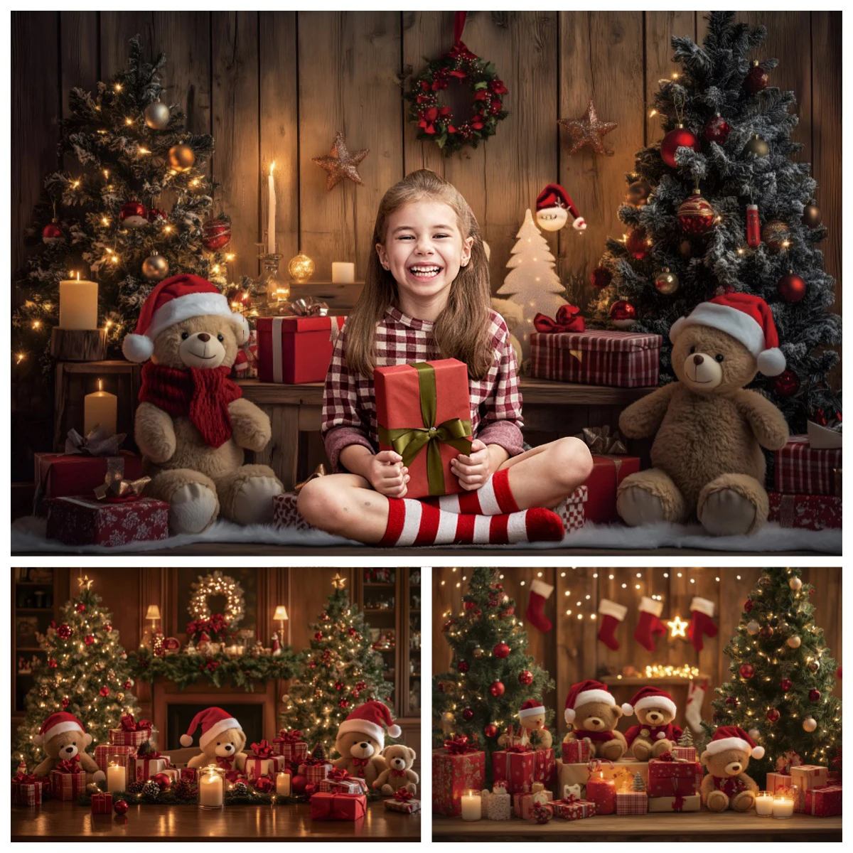 Christmas Photography Backdrops Classic Retro Wooden Board Bear Fireplace Xmas Decor Family Party Kids Portrait Photo Background