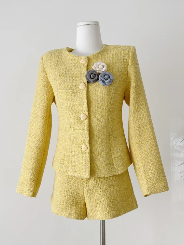 

High-End Elegant Female Tweed Jacket Coat + High Waist Shorts Set Women French Slim Fashion Sweet Girl Lady Two Piece Outfits