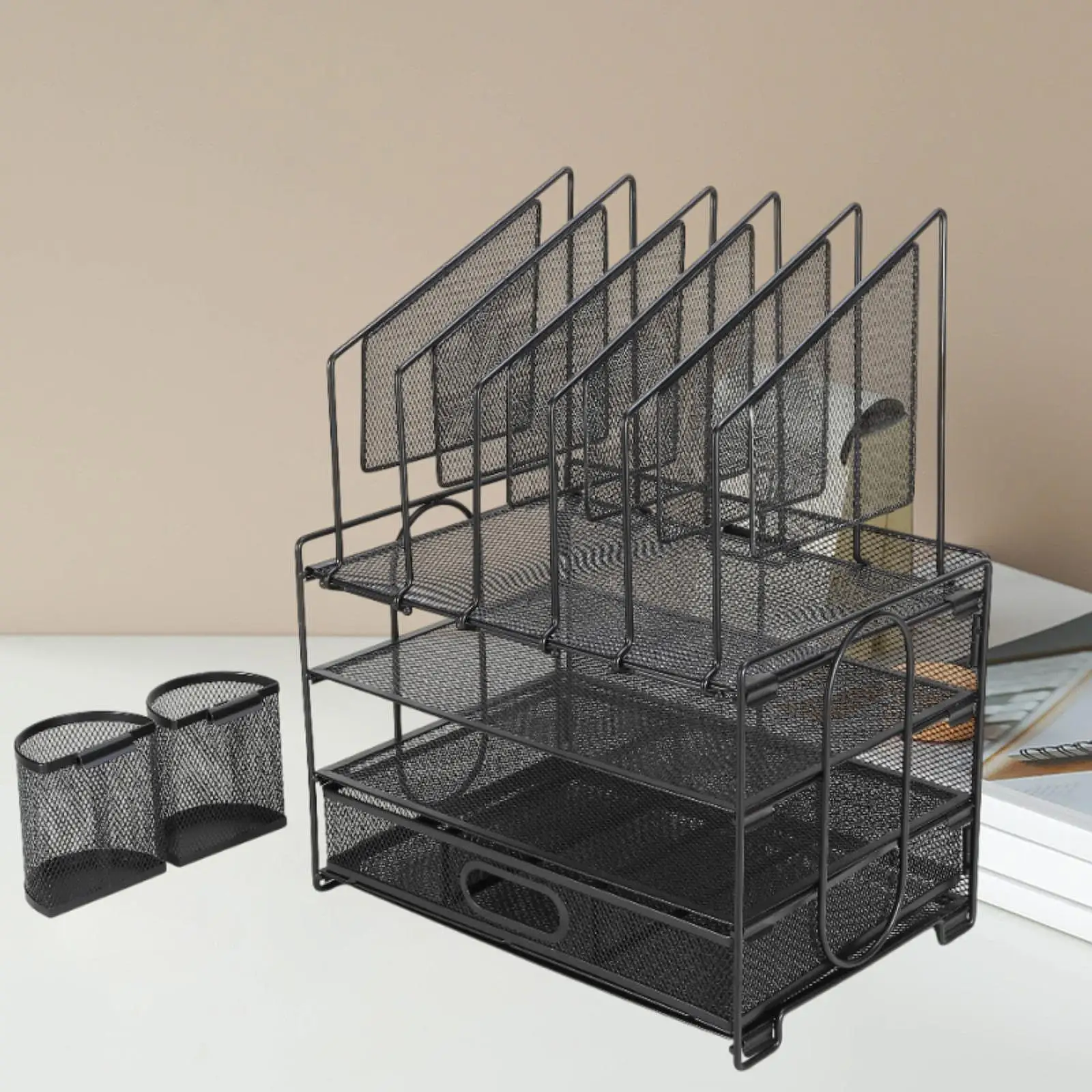 Desk Organizer with 2 Pen Holders Multipurpose Office Supplies with Drawer Paper Letter Tray Organizer Mesh Desk File Holder