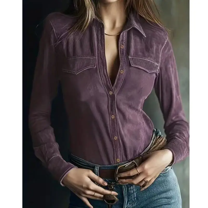 Spring Commute Sle Long Sve Pure Color Wildleder Irt Collar Button Up Office Work Top Damen Faion Ele Upperwear
