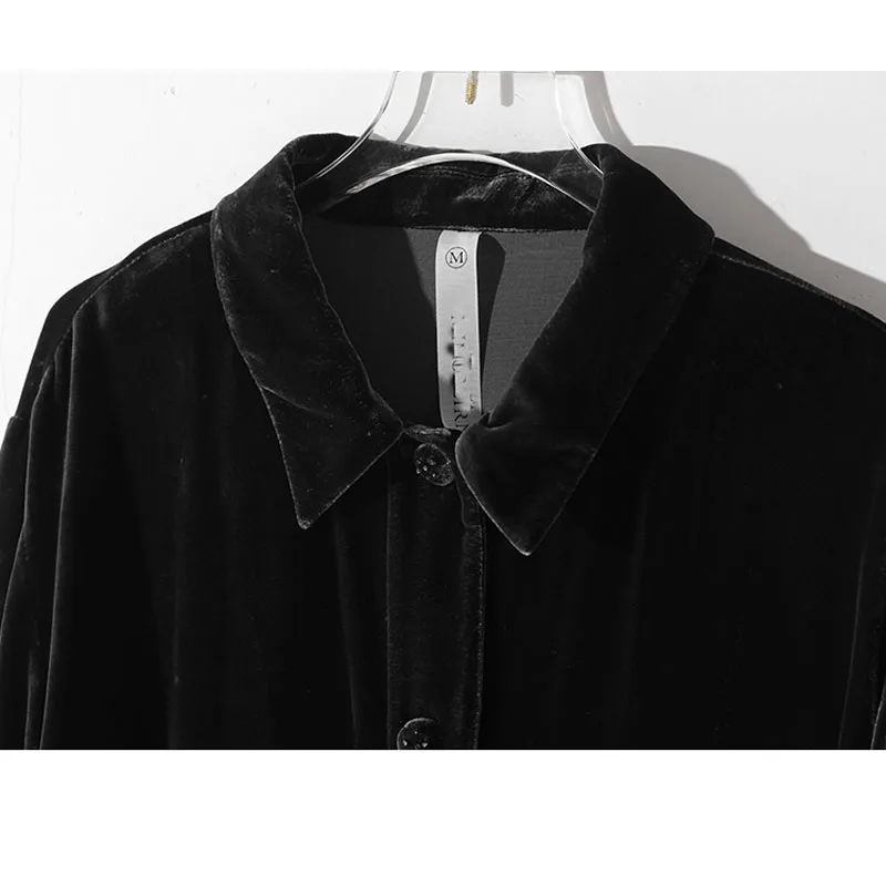 Fengbaoyu-Long-Sleeved Lapel Shirt for Ladies, Elegant and Light Luxury Coat, Glossy Black Glossy Blouse, Spring and Autumn, 5XL