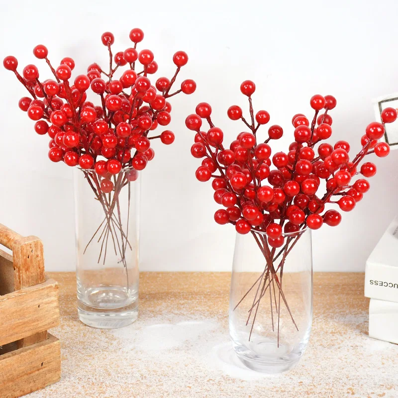 10PCS Chritsmas Decoration Red Berries Simulation Berry Branches Cherry Stamen For Home Xmas New Year Gift Wedding Flower Wreath