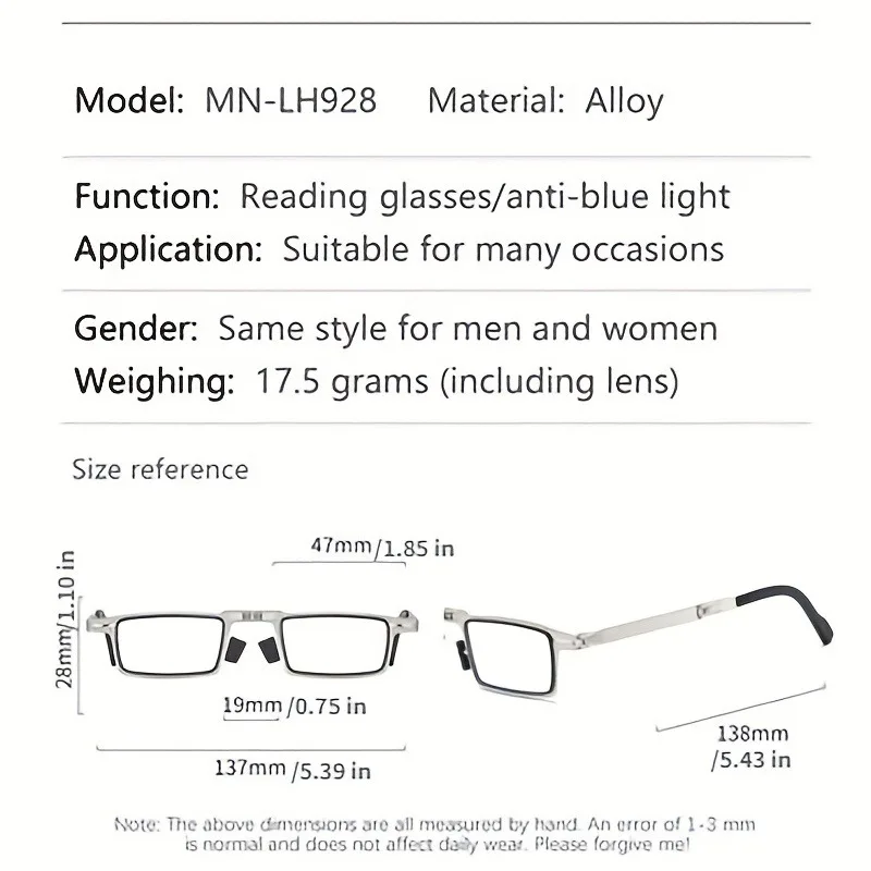 Folding Reading Glasses Anti-blue Light Metal Square Round Frame Portable Presbyopia Glasses for Women and Men  +1.0 To +4.0