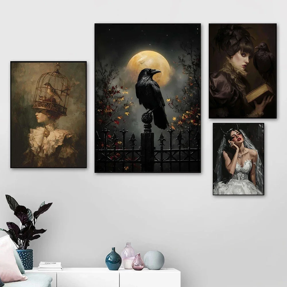 Frameless Dark Terror Retro Victorian Style Death Reaper Crow Vampire Ghost Portrait Poster Canvas Print Living Room Bedroom Wal