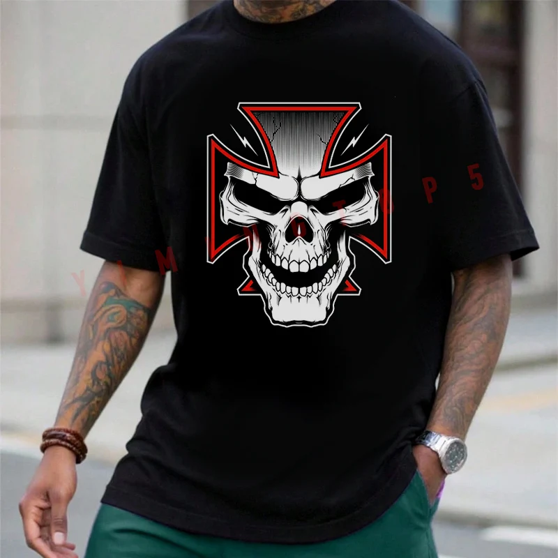 

Cross With A Skull Graphic Motorcycle T-Shirt Cotton Men Summer Casual Short Sleeve Round Neck Tees