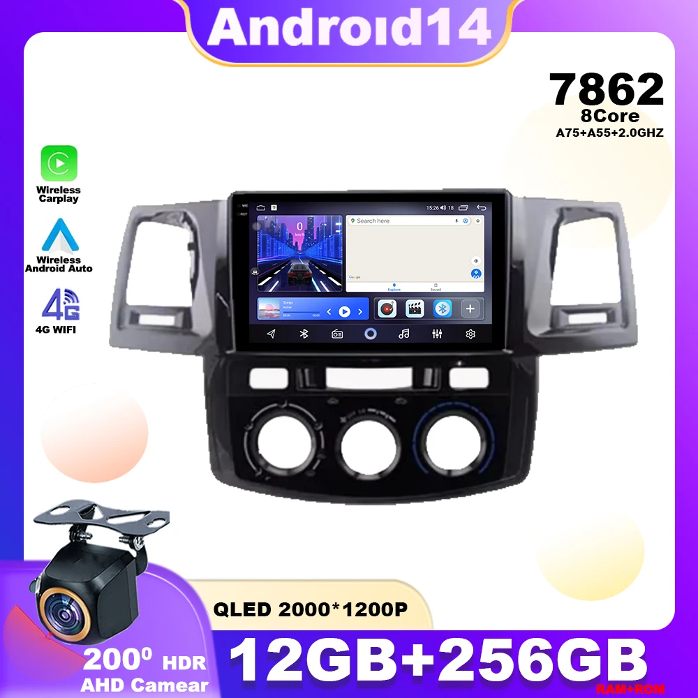 

Android 14 For Toyota Fortuner Hilux MT 2007 2008 2012 2014 2015 Car Radio Multimedia Player Navigation GPS Carplay QLED Screen