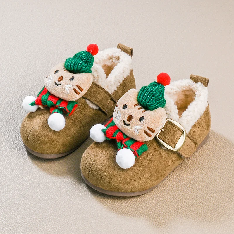 

New Cute Cat Kids Winter Furry Shoes Christmas Party Princess Fashion Girls Plush Shoes Warm Causal Children Flat Cotton Shoes