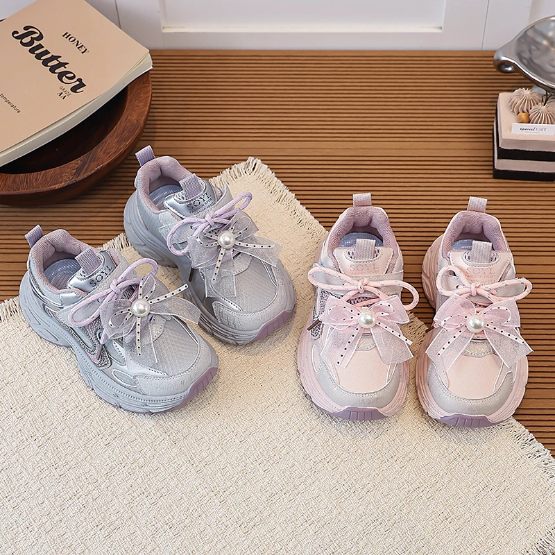 Kids'Casual Shoes PU Leather Bow Pearl Fashion Autumn Flat Shoes For Children Anti-slip Breathable Purple Pink Size 26-37