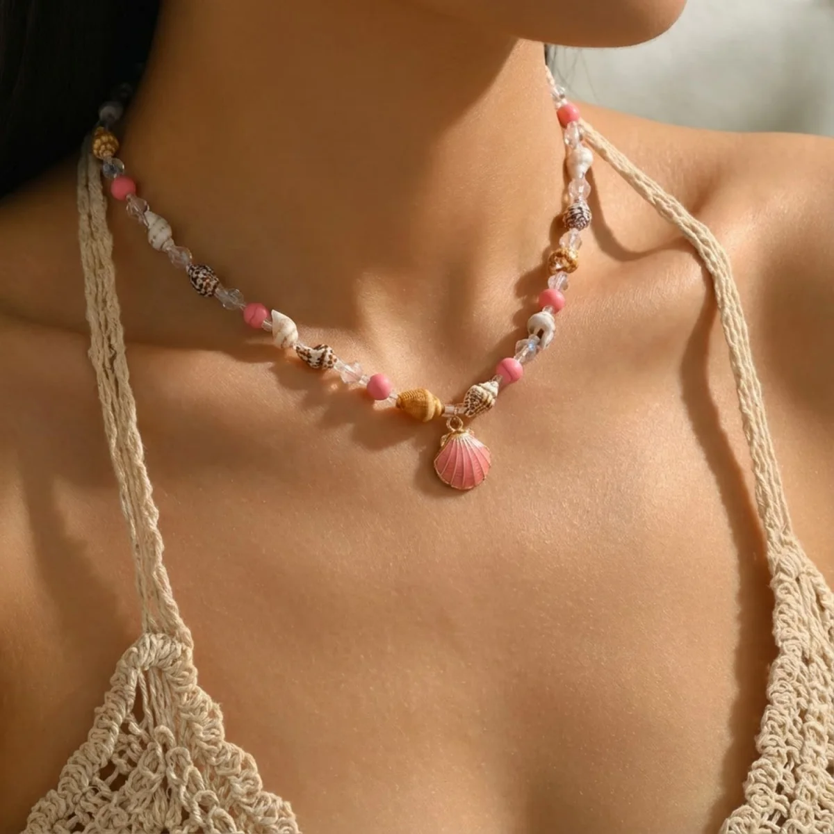 Metall-Seestern-Muschel-Anhänger-Halskette für Damen und Herren, Kristall-Reisperlen-Choker, Bohemian-Strandurlaub, Sommerparty-Schmuck – Detail 17