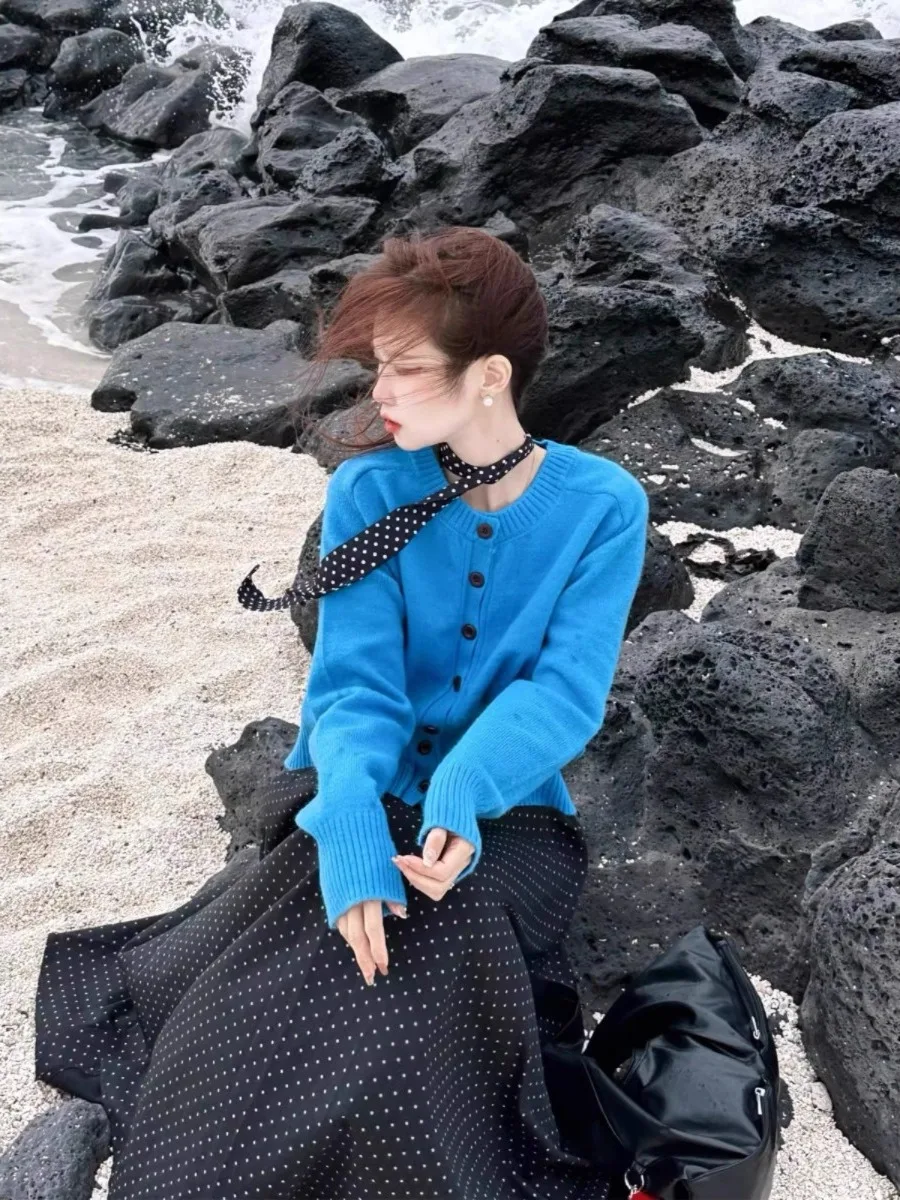 

Корейский свитер ранней осени, корейский свитер Jaet, новинка 2025, ленивый вязаный топ, свободный крой, длинный свеч, круглый, на одной пуговице