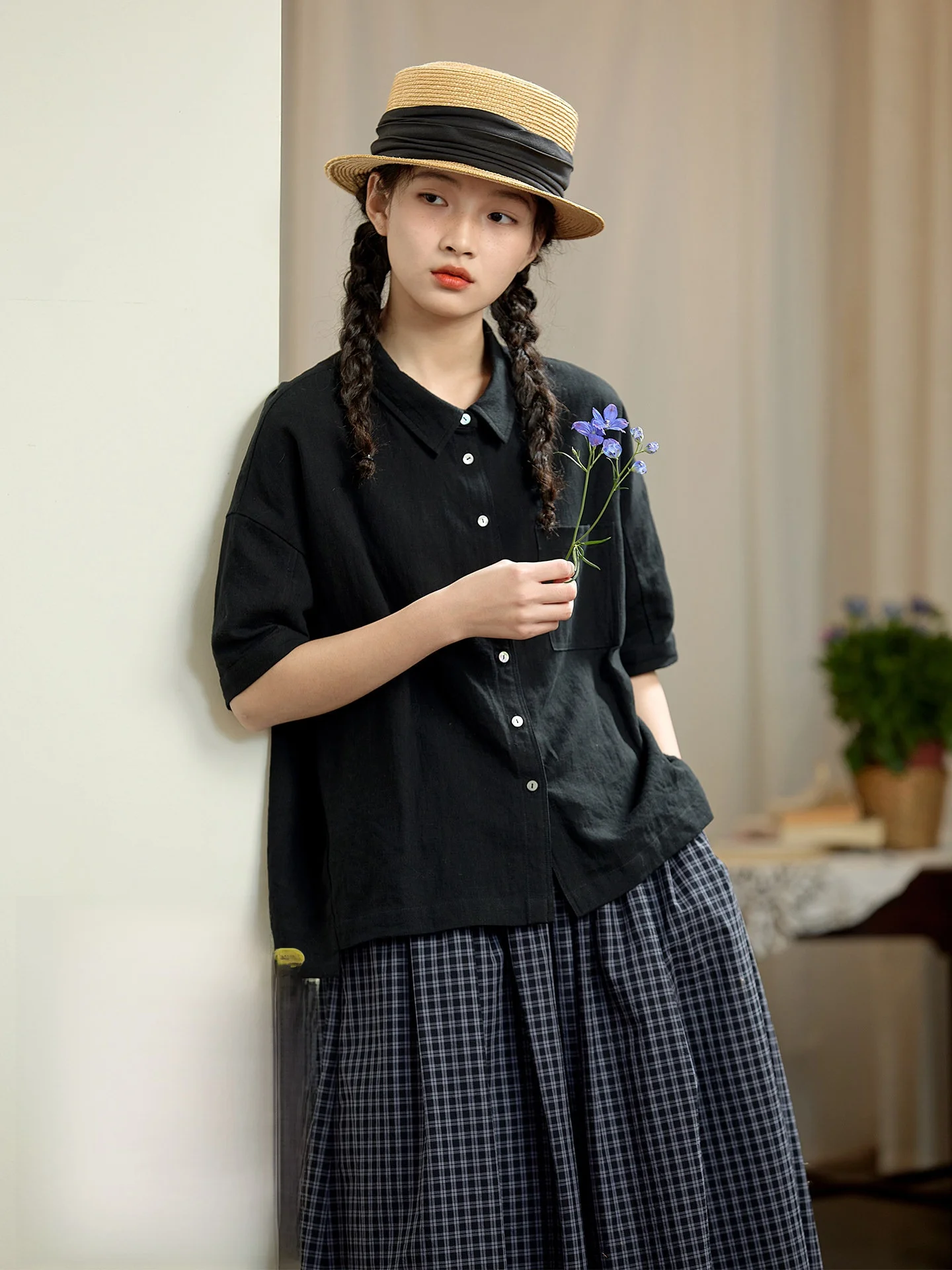 

Black Linen Cotton Loose Short Sleeve Shirt Women's Summer Casual Top Original Japanese Style Versatile Flip Collar Shirt